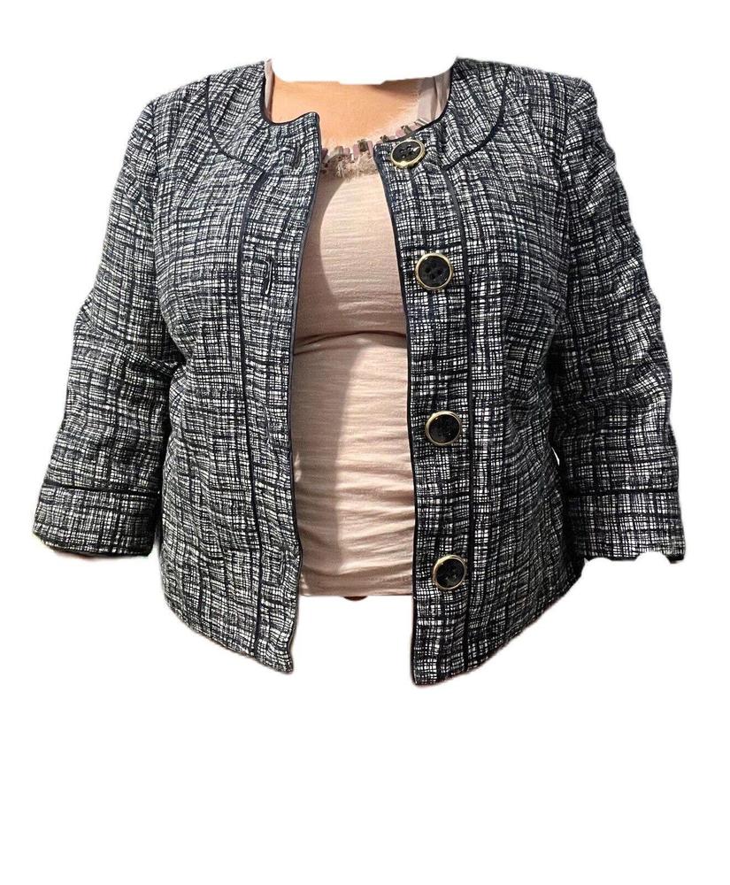 Boutique Essentials Blue and White Stripe Grid Streak Print Pattern Blazer 16